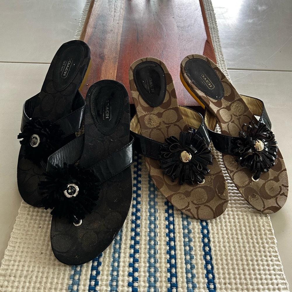 Lot of Coach Sandals 2 pairs 7.5 7 1/2 Brown Black Flower Tassel Top